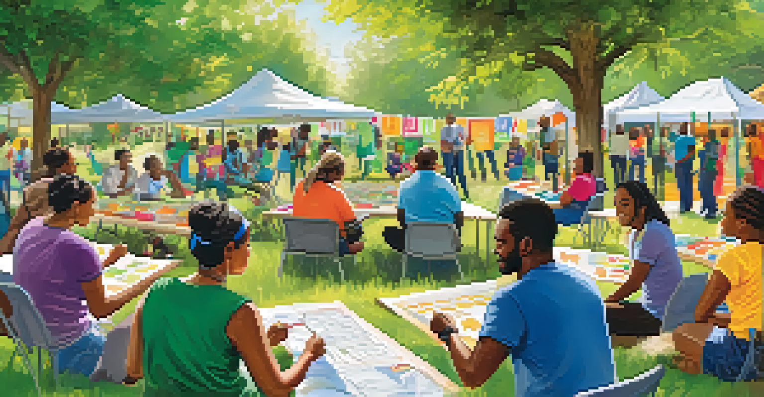 A community health workshop outdoors with diverse participants learning about healthy lifestyles in a lively and colorful environment.