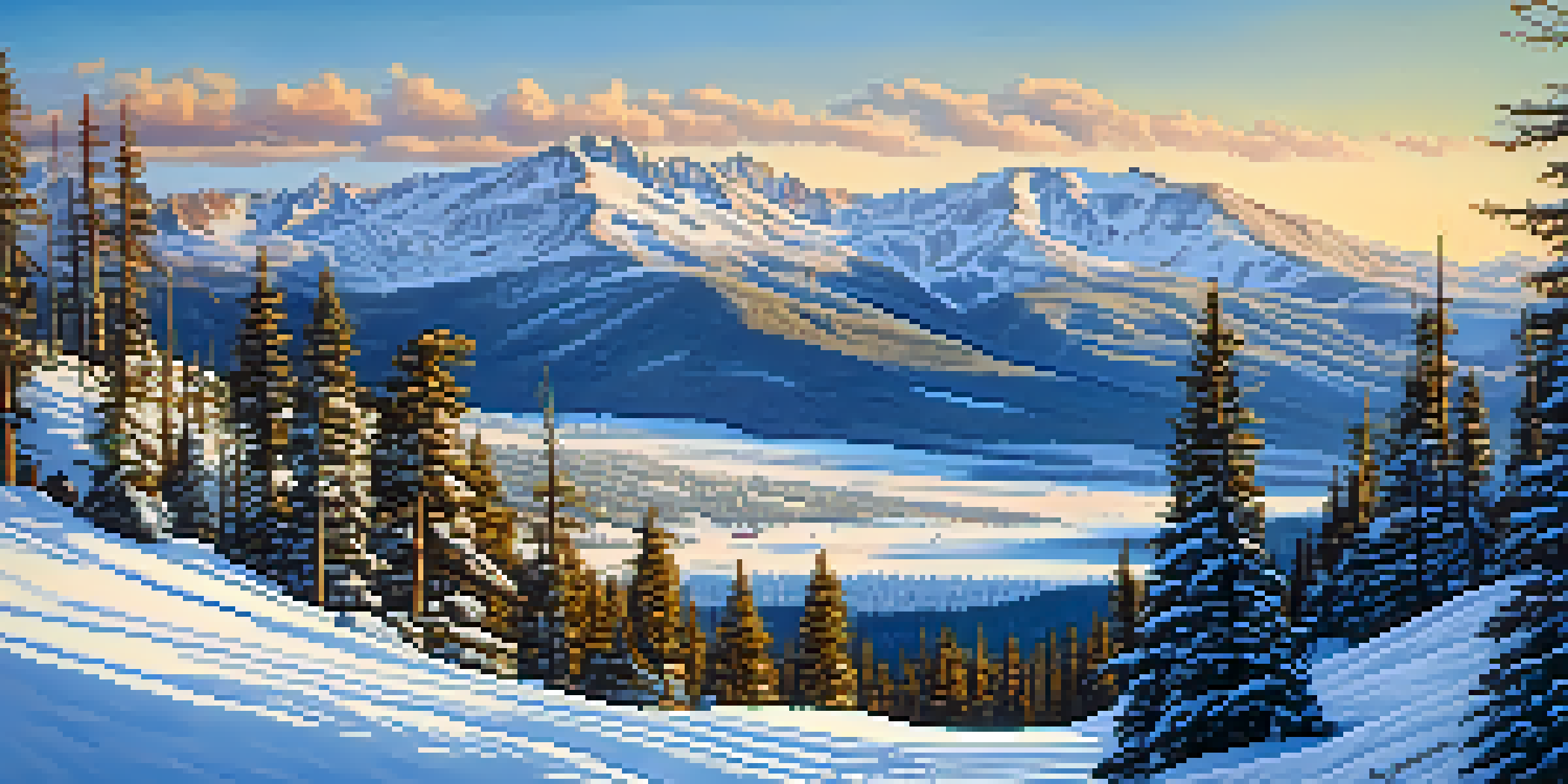 A panoramic view of Mammoth Mountain ski resort with snow-covered slopes and skiers. The foreground has pine trees dusted with snow under a clear blue sky.