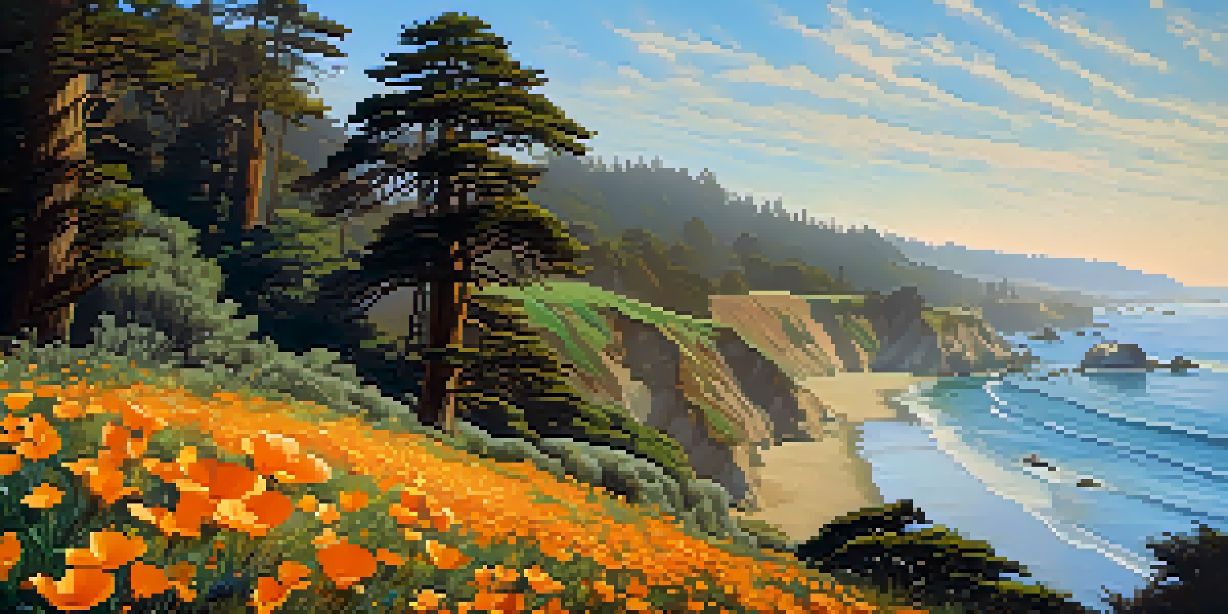 A scenic view of California's coastline featuring blooming California poppies and towering coastal redwoods, with ocean waves in the background under a bright blue sky.