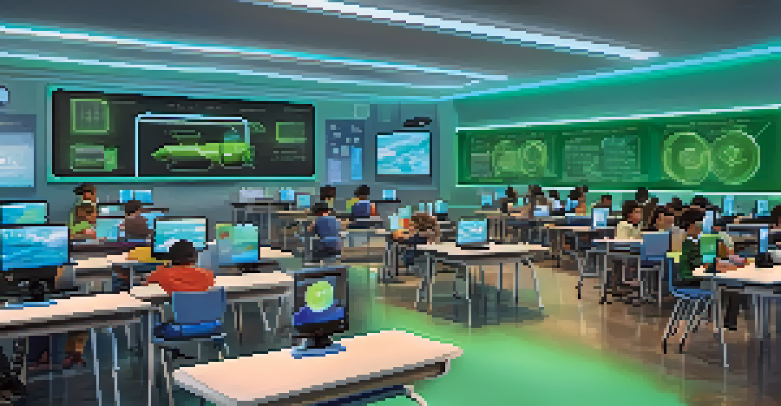 A modern classroom with a teacher using technology to engage students, highlighted by interactive screens and flexible seating.