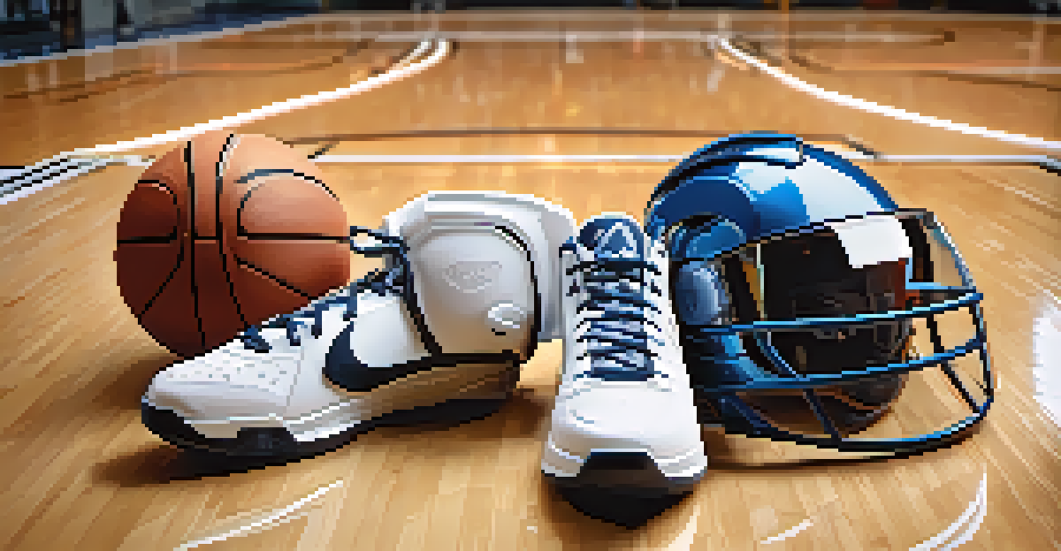Close-up of smart sports equipment, including a high-tech basketball and a sensor-equipped helmet, on a polished wooden surface.