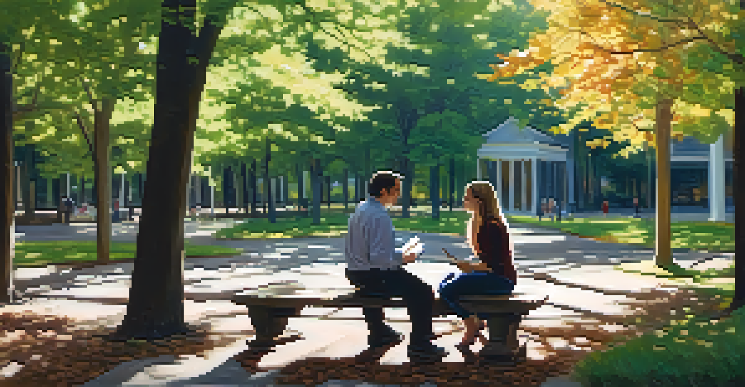 An experienced teacher mentoring a new educator in a park, sitting on a bench and discussing strategies amidst nature.