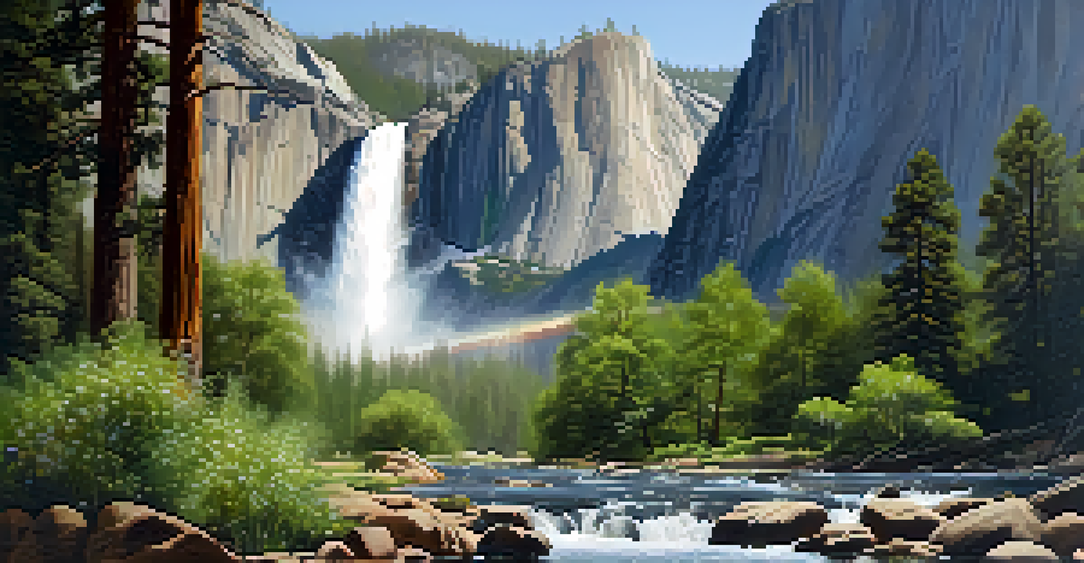 A close-up of Yosemite Falls with cascading water and colorful flowers nearby.