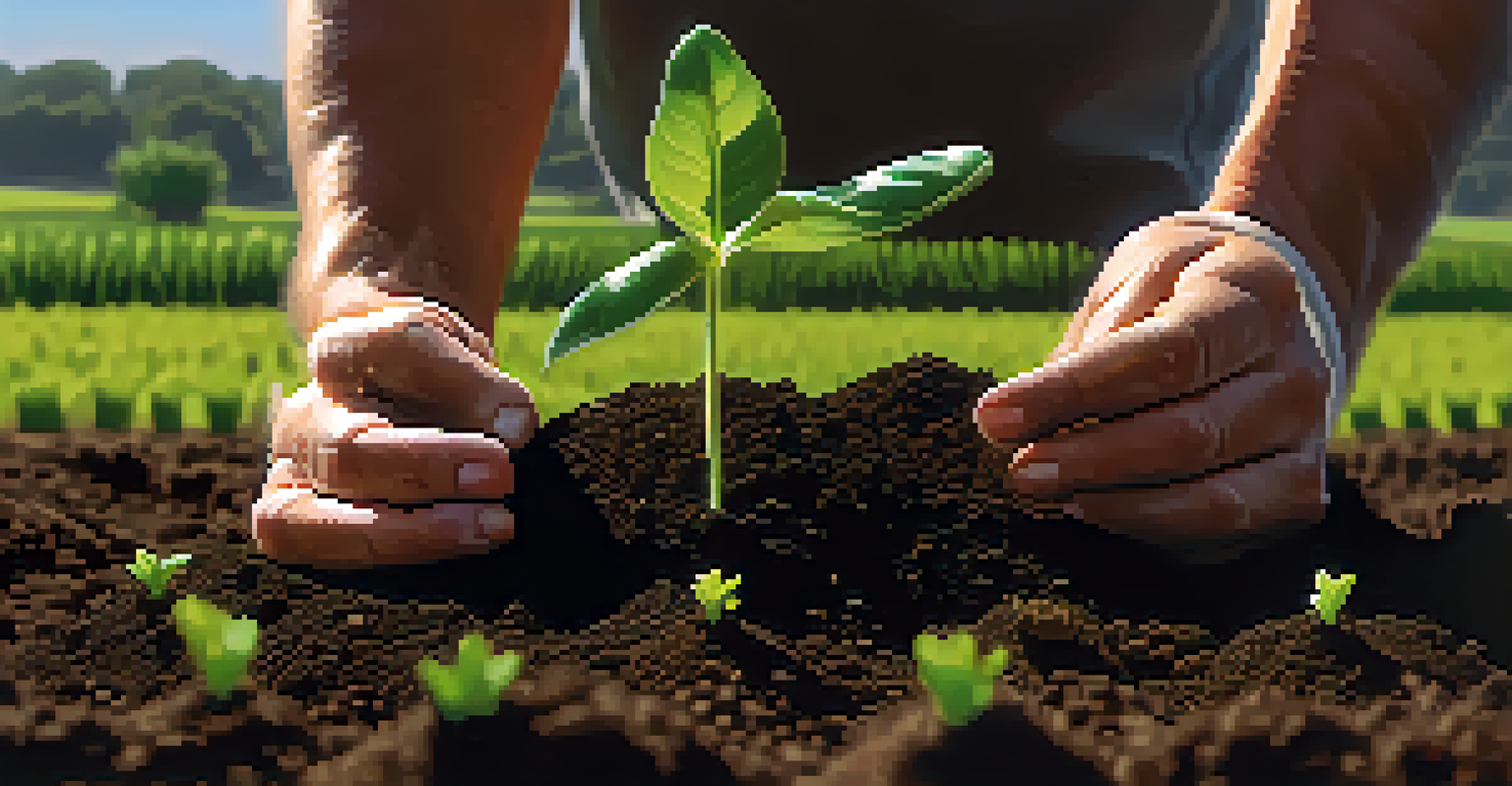 A close-up of a farmer's hands holding soil with seedlings, representing sustainable agriculture.