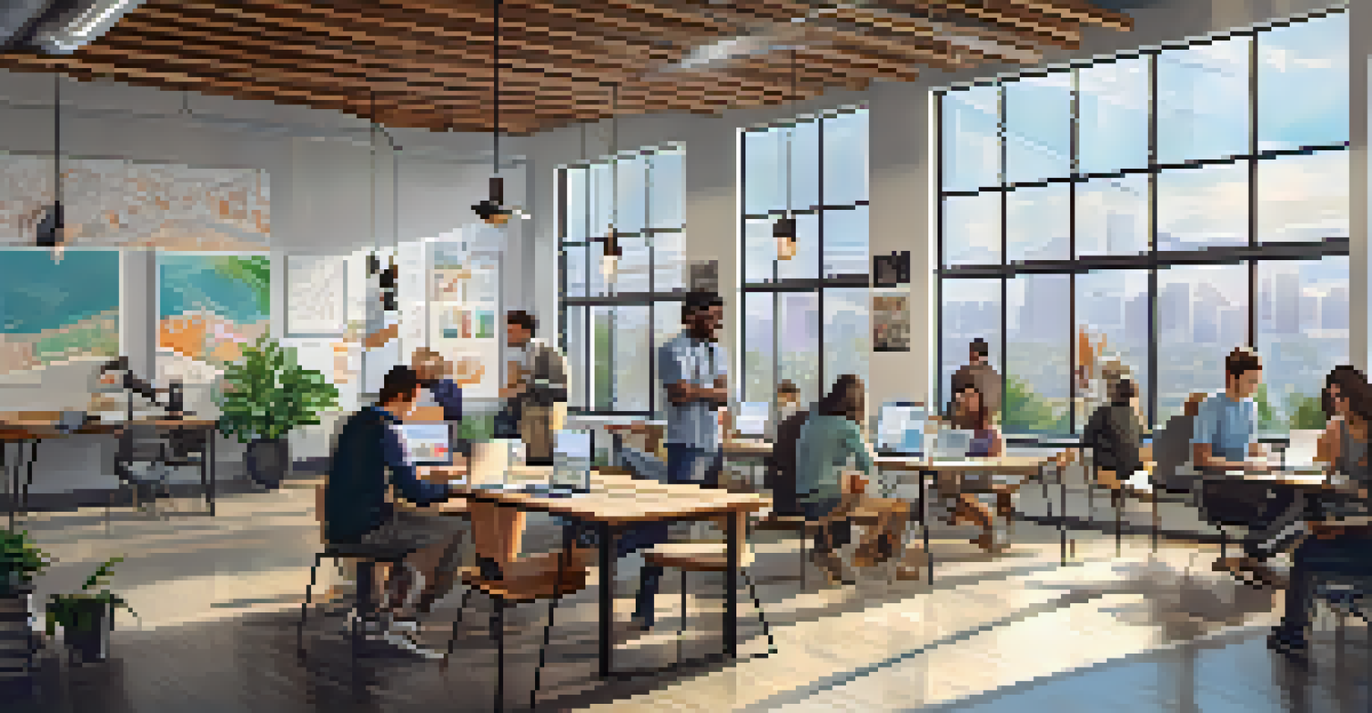 A co-working space with young entrepreneurs discussing fintech ideas and working on laptops.