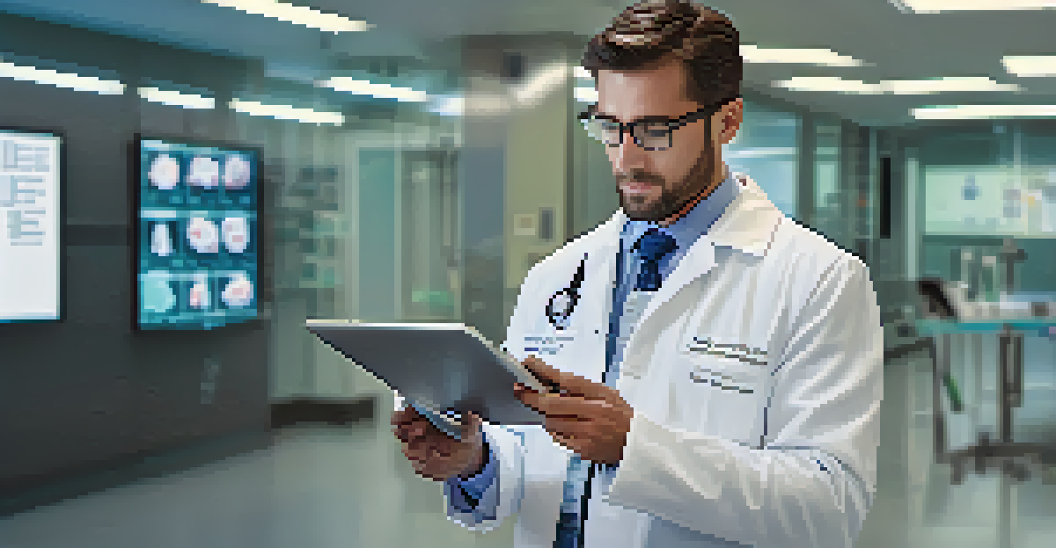 A healthcare professional using a tablet in a modern hospital, with patient data visible on the screen, emphasizing technology in healthcare.