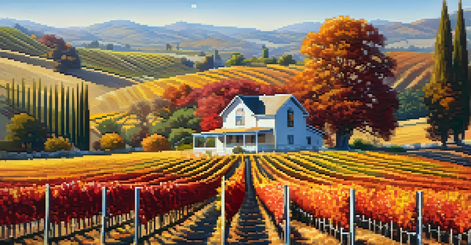 A peaceful vineyard in Northern California during autumn, showcasing colorful grapevines and a farmhouse against rolling hills.