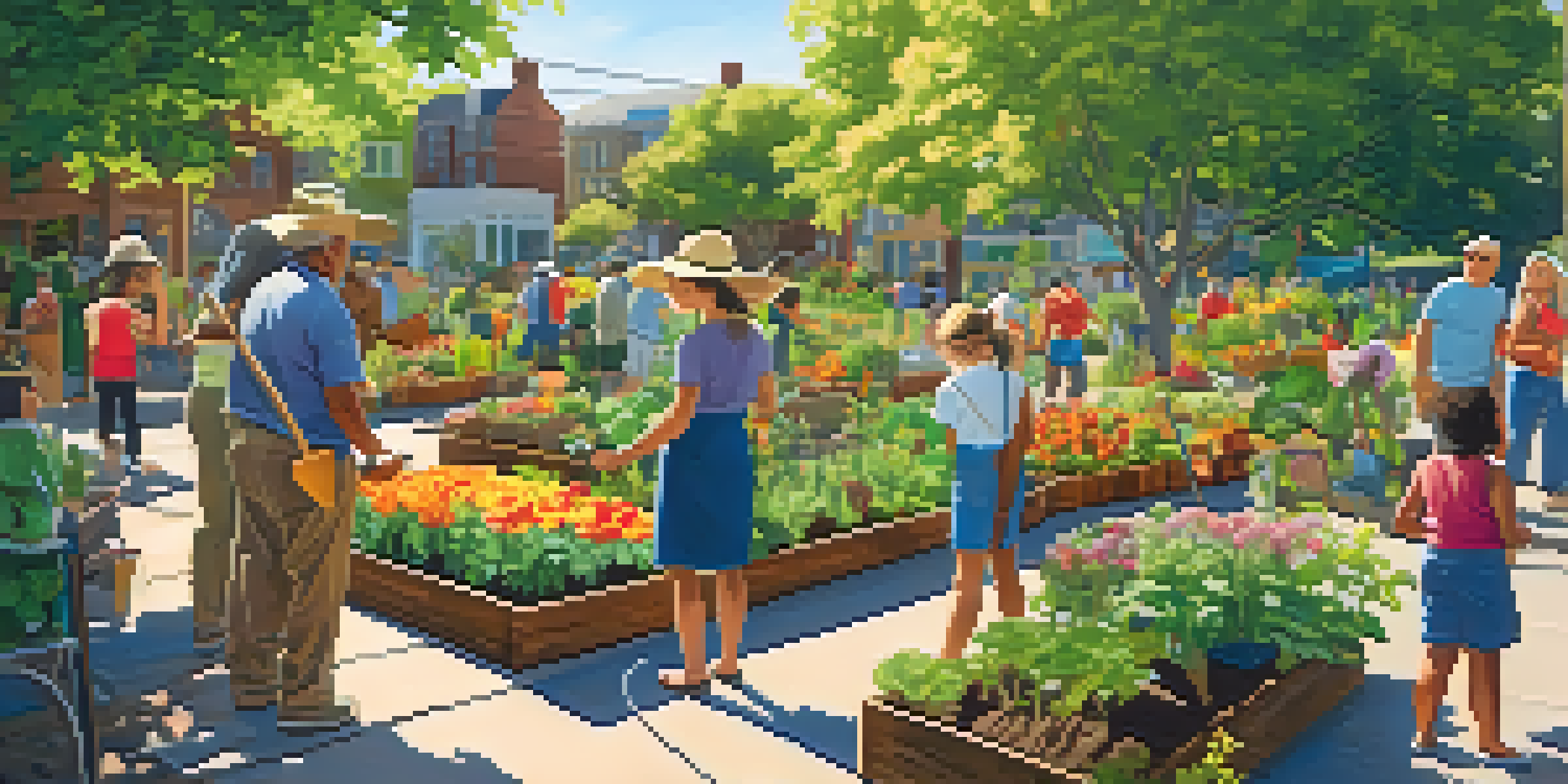 A lively community garden with diverse individuals gardening together, surrounded by colorful plants and flowers under a sunny sky.