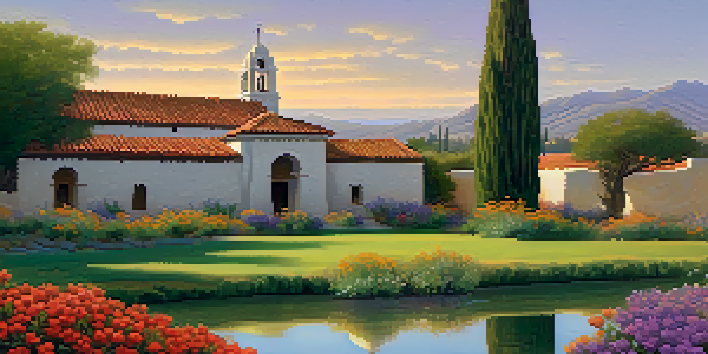 A sunset view of Mission San Diego de Alcalá, highlighting its adobe structure surrounded by greenery and colorful flowers.