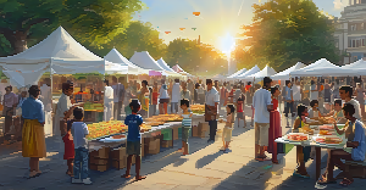 A vibrant community event in a park featuring diverse cultures through food and art, with people enjoying traditional dishes and engaging in conversation.