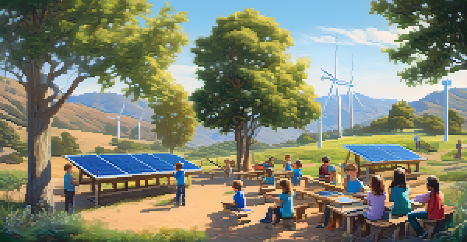A scenic California landscape featuring children learning about sustainability and AI with solar panels and wind turbines in the background.