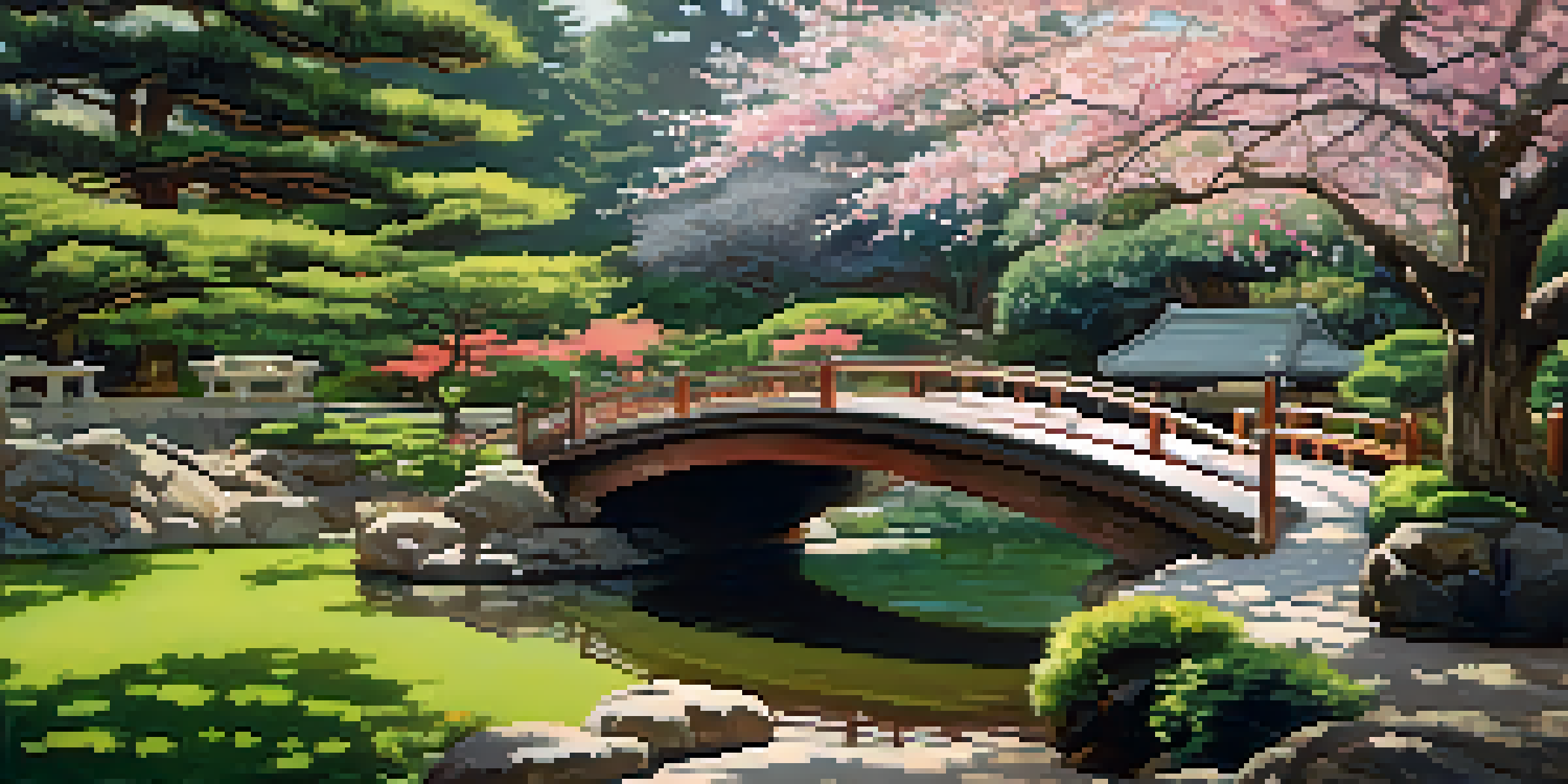 A beautiful Japanese Tea Garden with cherry blossoms and koi ponds, illuminated by sunlight, featuring a traditional tea house.