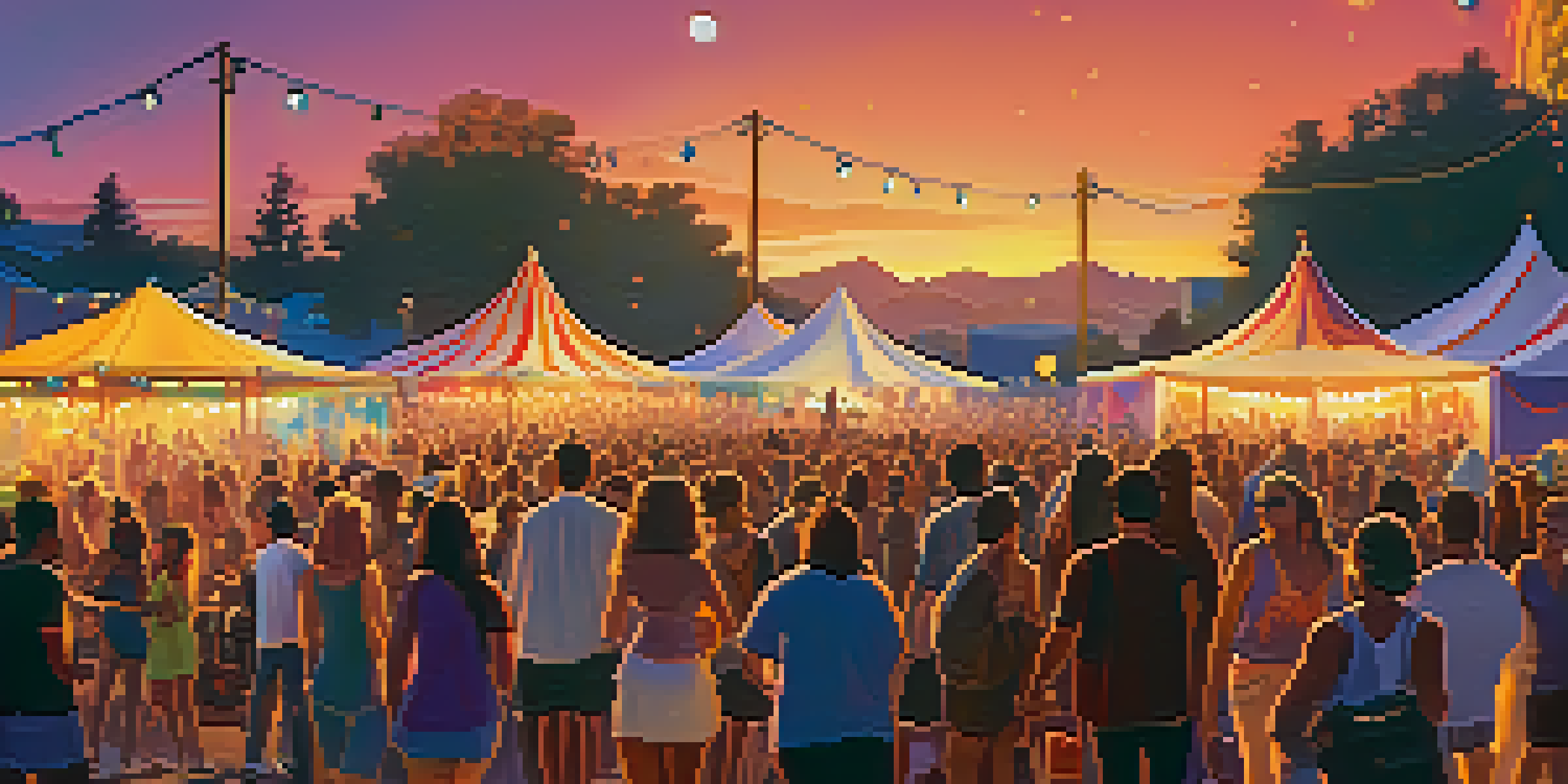 A lively outdoor music festival in California with a diverse crowd enjoying performances, colorful lights, and food trucks.