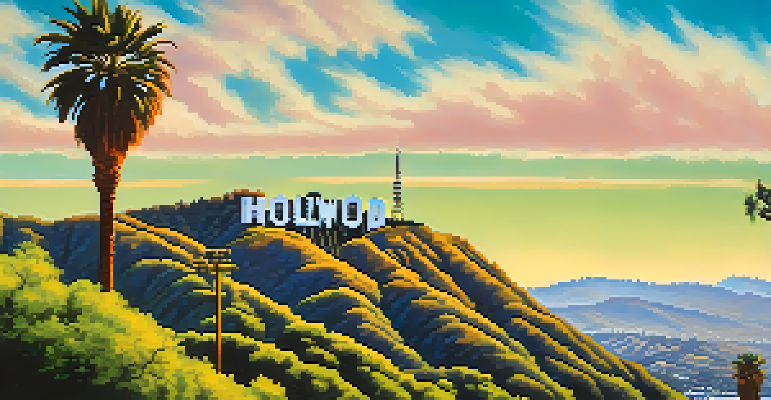 The Hollywood Sign on the Hollywood Hills under a clear blue sky, surrounded by green hills.