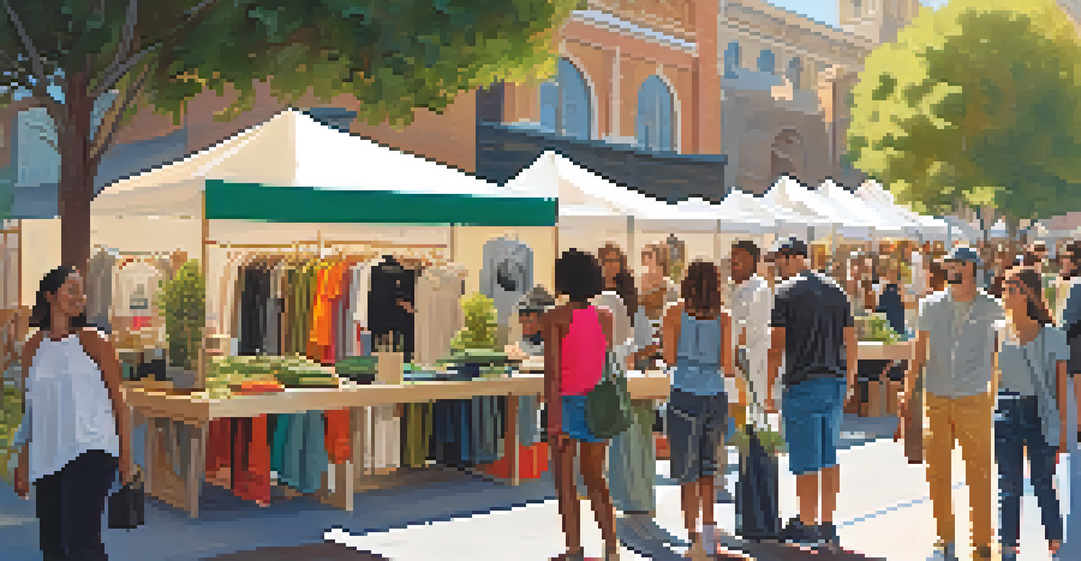 A vibrant outdoor market showcasing sustainable fashion, with colorful stalls and people engaging in the community atmosphere.