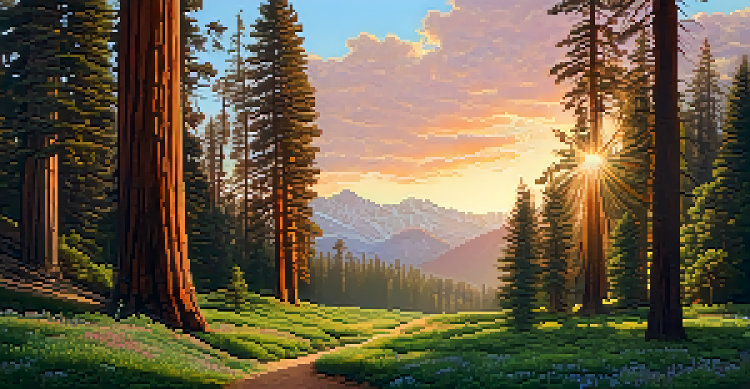 A picturesque scene of the Sierra Nevada mountains featuring giant sequoias at sunset, with sunlight filtering through the trees and illuminating the forest floor covered in ferns and wildflowers.