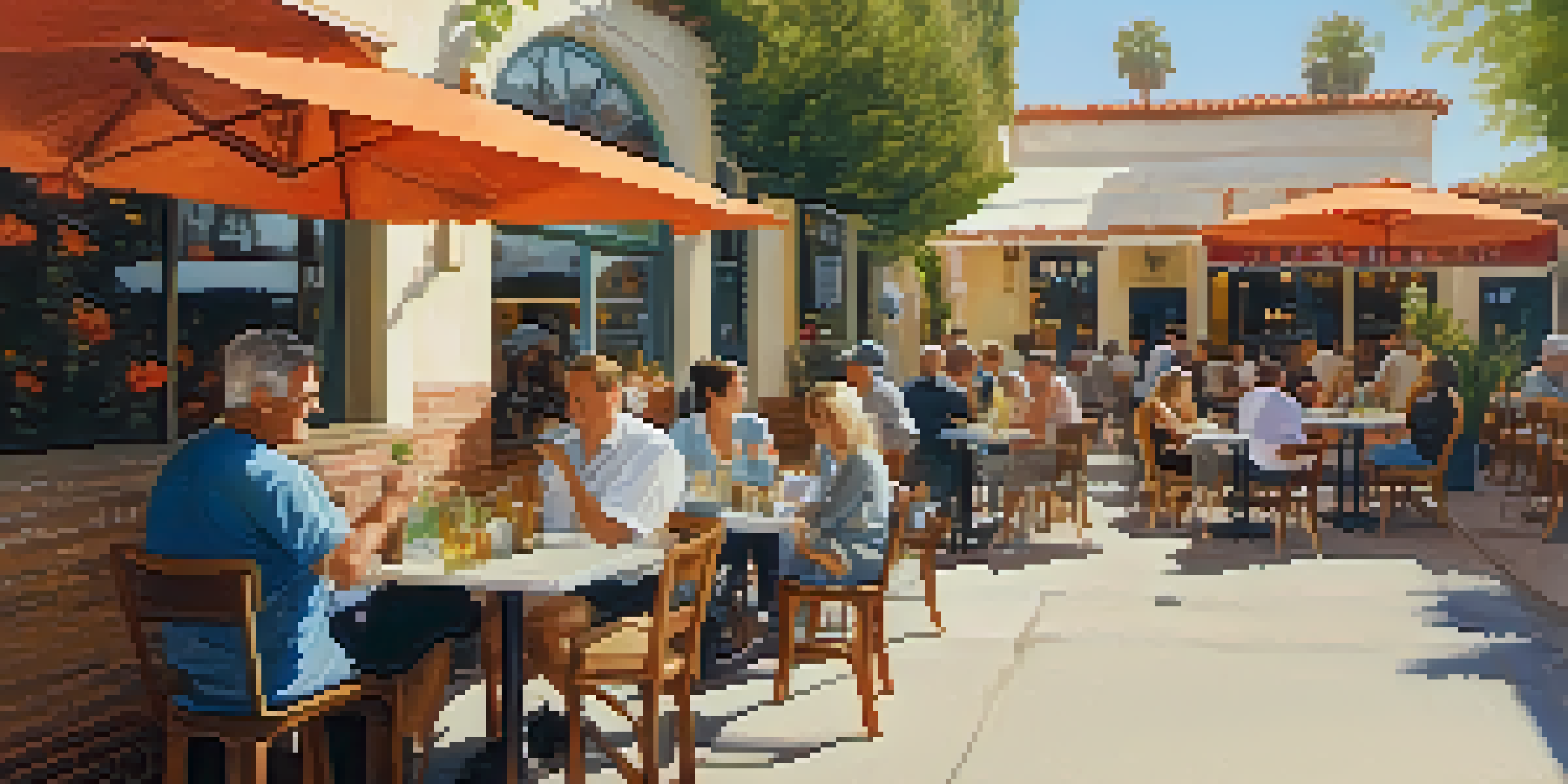 A vibrant outdoor cafe in California filled with people enjoying various cuisines amidst local art.