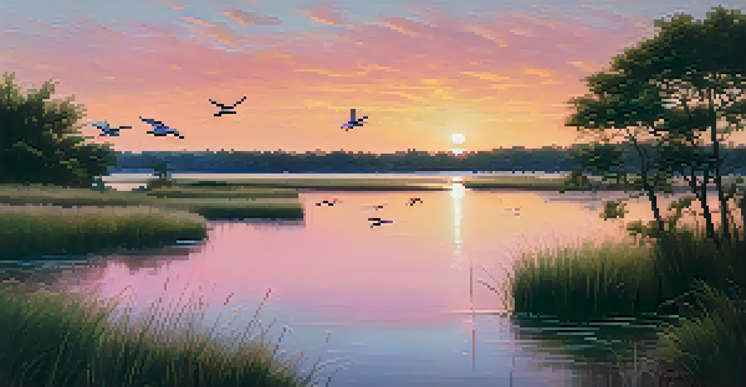 An estuary at sunset where river and ocean waters mix, surrounded by greenery and birds in the sky.