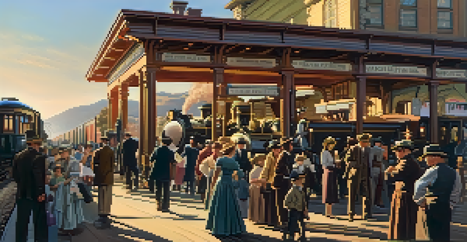 A lively railroad station scene in late 19th century California with diverse groups of people and steam trains.