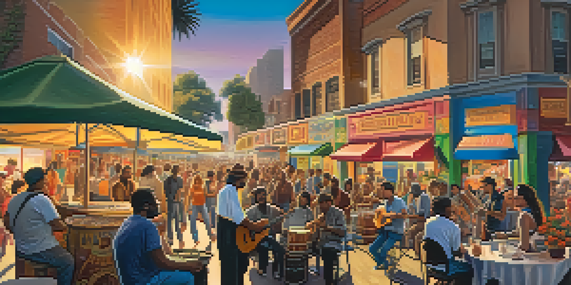 A diverse group of musicians performing on a California street with vibrant murals and a sunset.