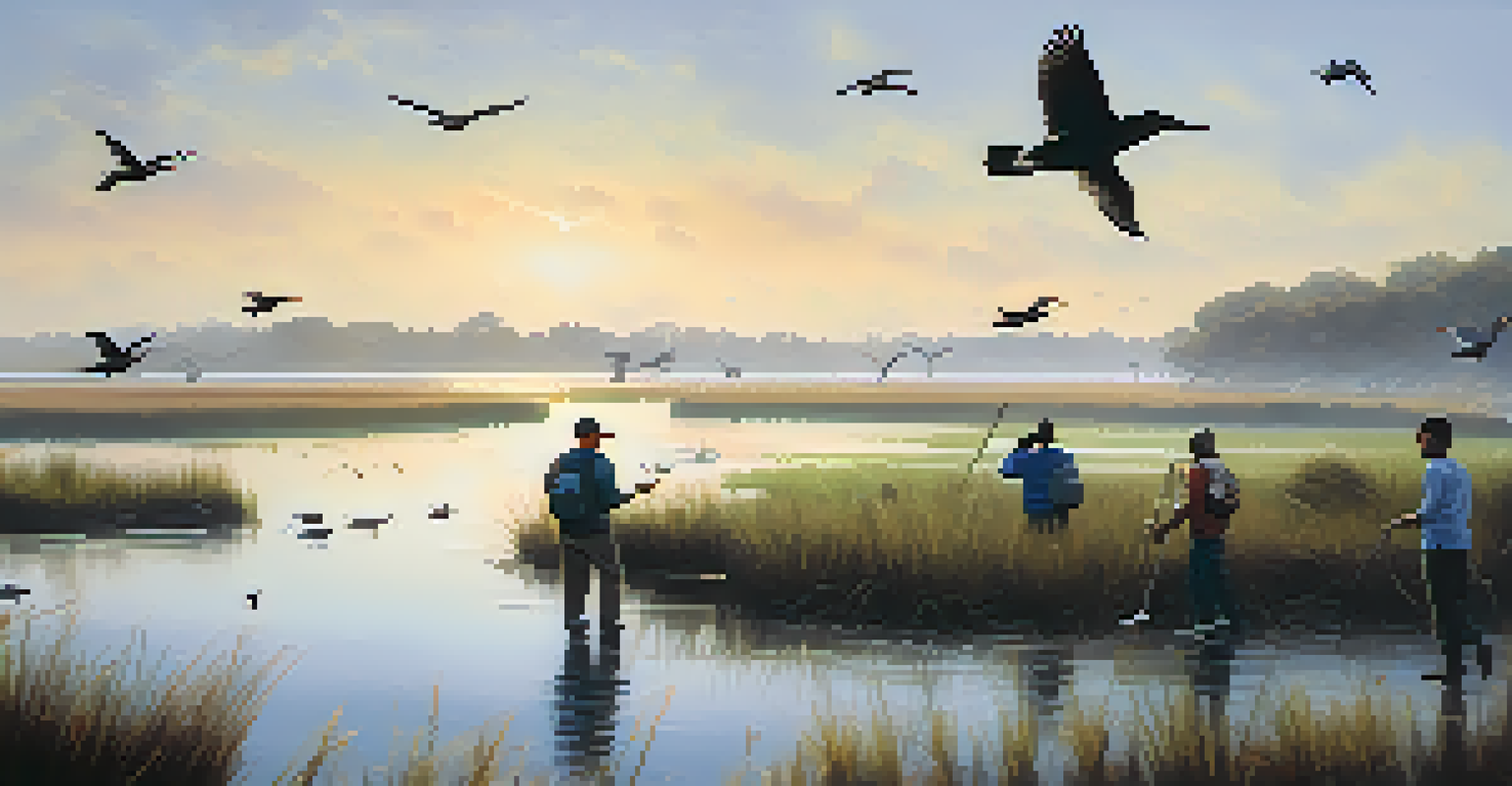 A peaceful wetland scene at dawn with birds and people participating in conservation.