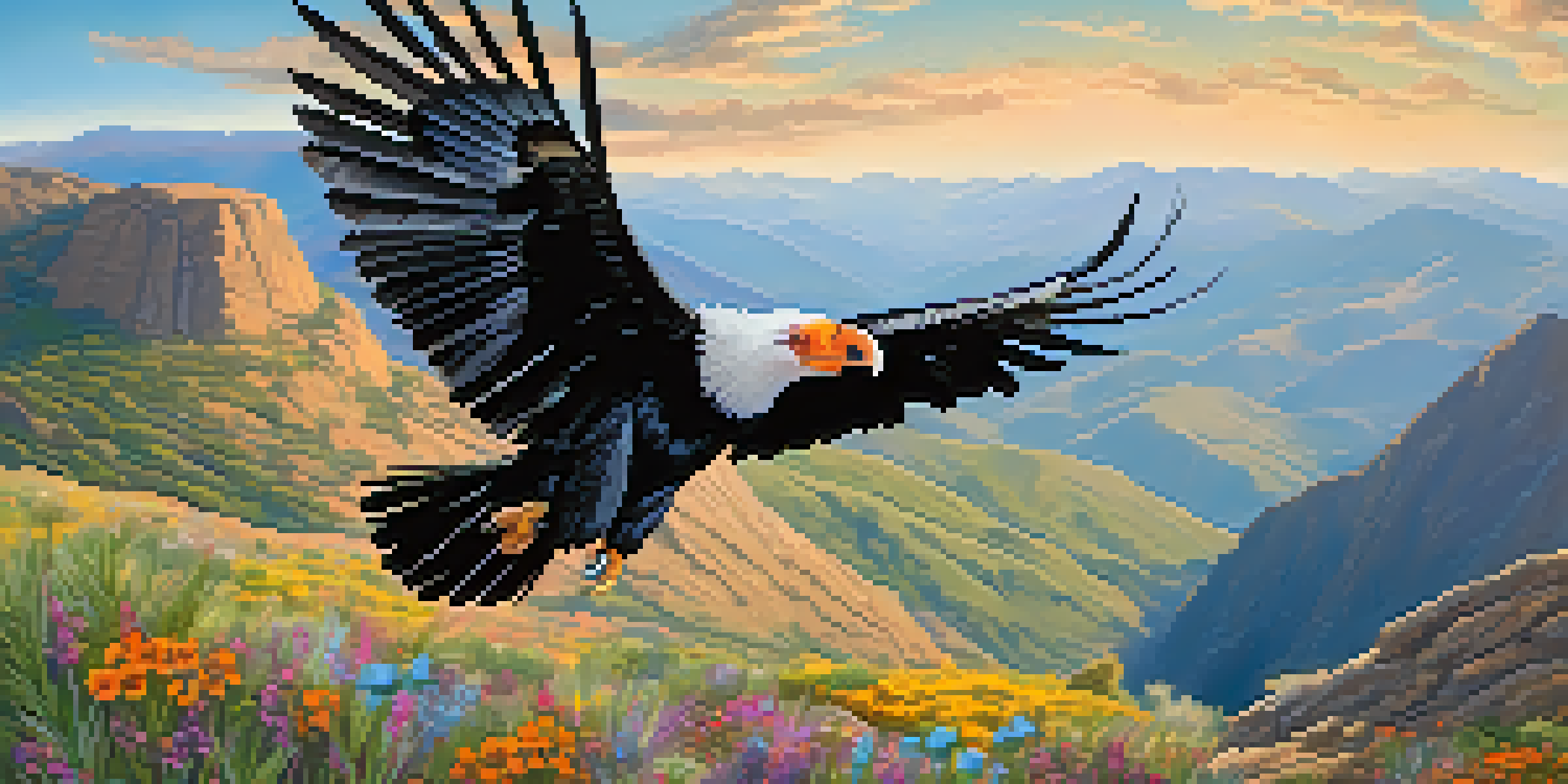 A California condor flying above mountains with a clear sky and colorful wildflowers in the foreground.