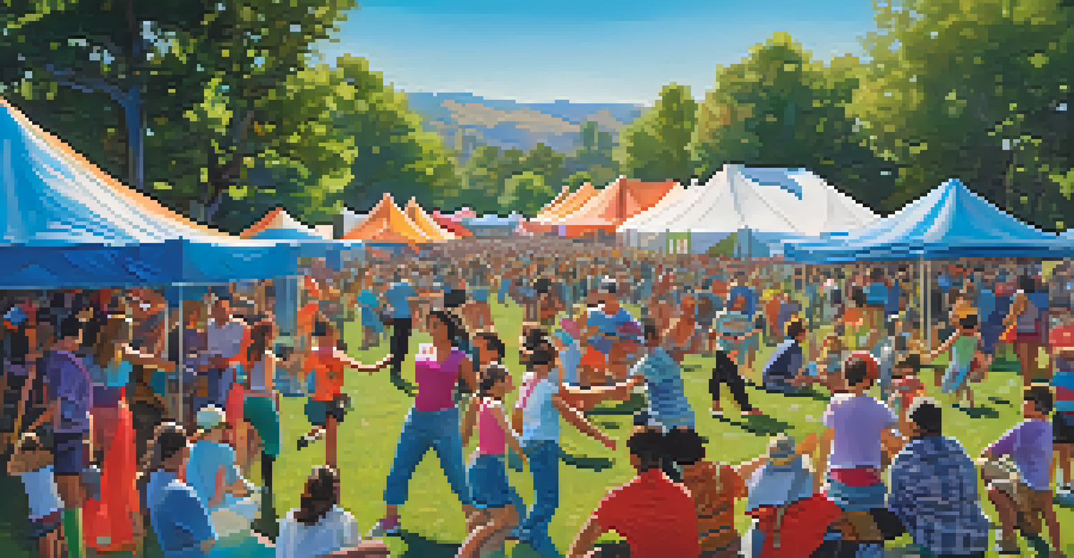 A vibrant dance festival in a park with performers and attendees enjoying workshops and performances under a clear blue sky.