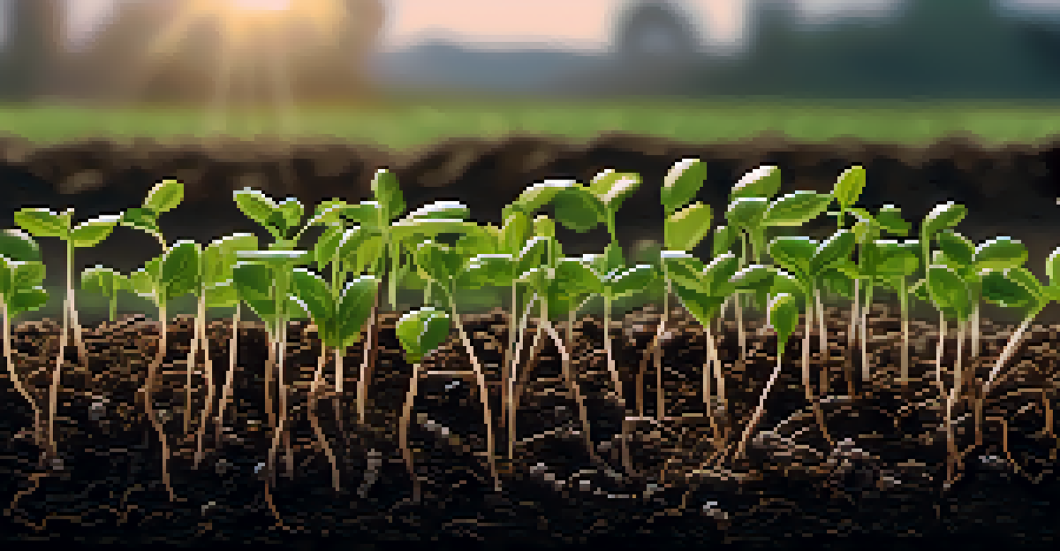 A close-up of rich, healthy soil with earthworms and plant roots, emphasizing the importance of sustainable farming practices.