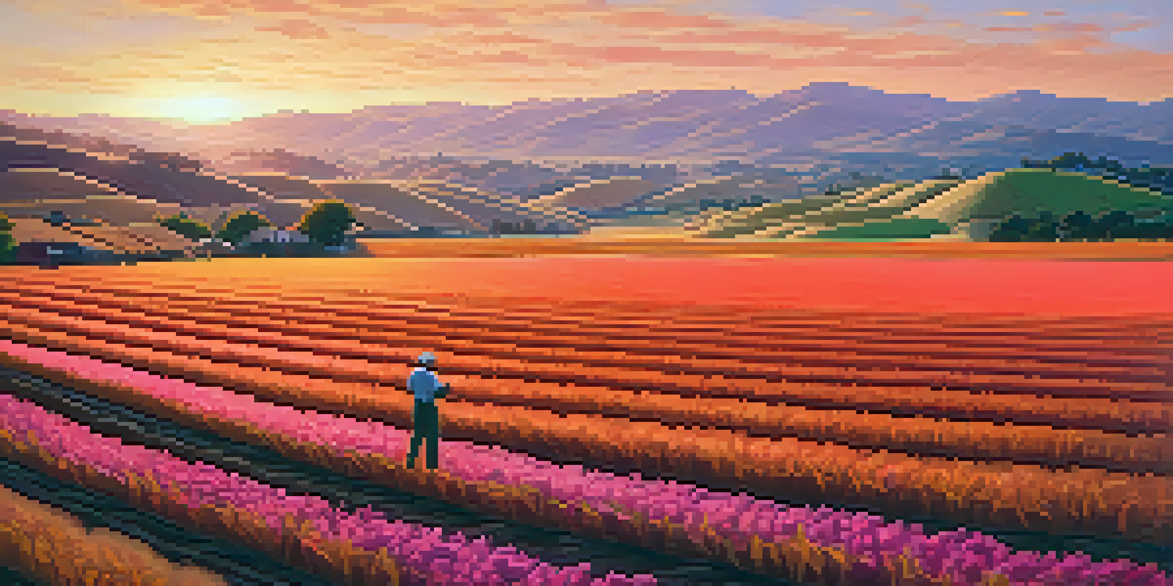 A farmer inspecting soil moisture in California's agricultural fields at sunset, with vibrant crops and rolling hills under a colorful sky.