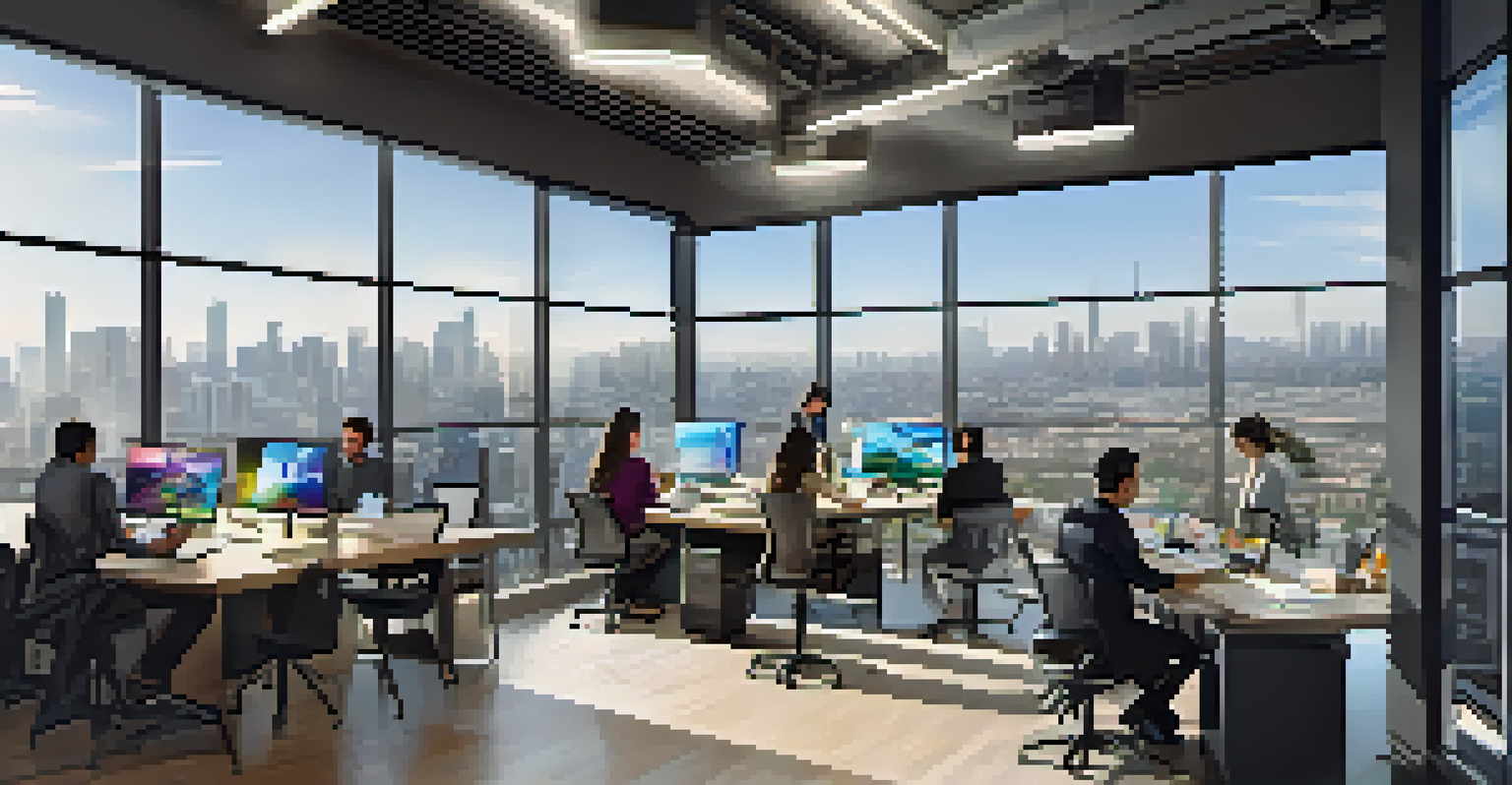 A modern workspace featuring California and Mexican tech entrepreneurs collaborating, with a city skyline in the background.