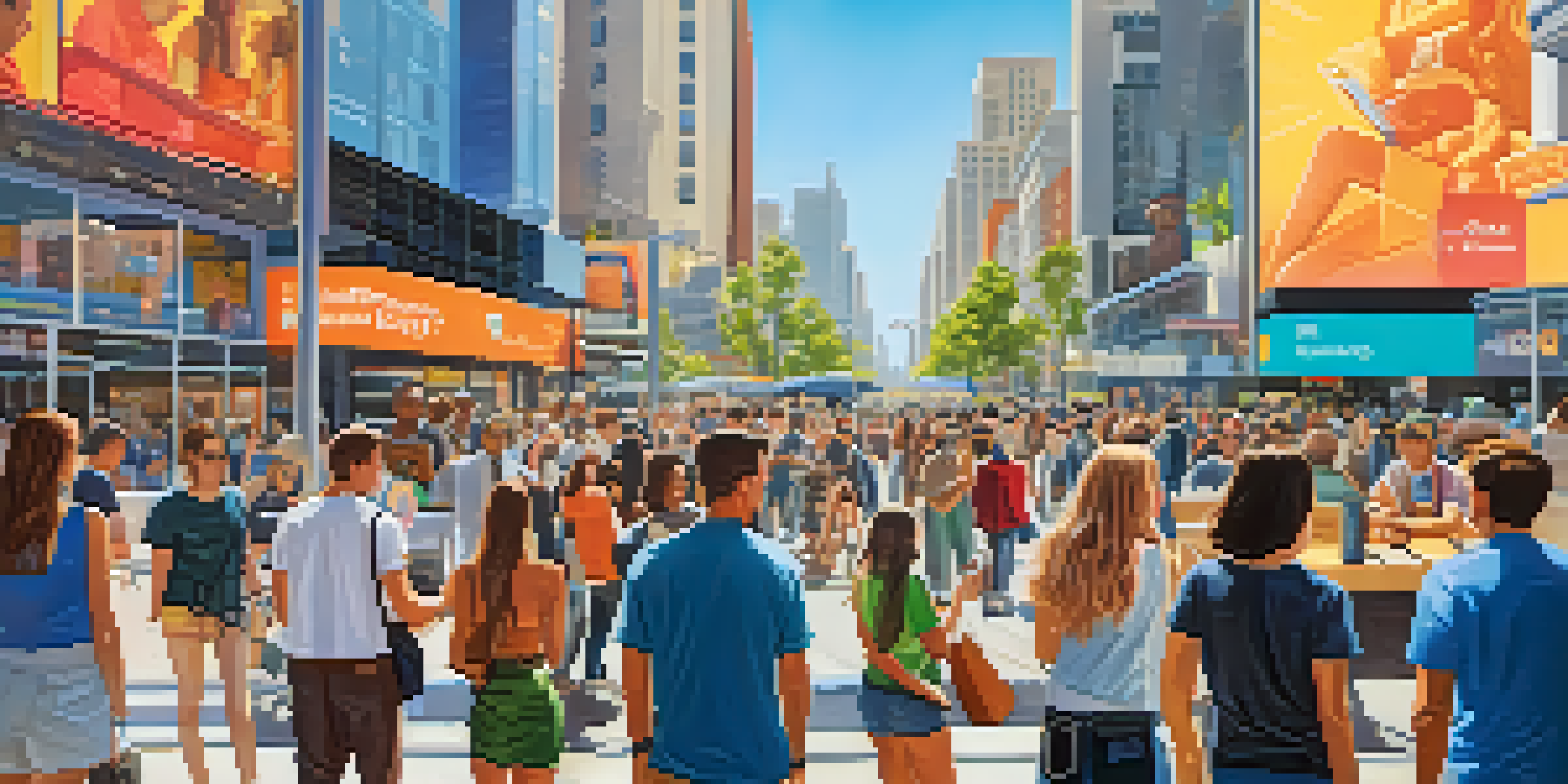 A vibrant California street scene with people using smartphones and colorful billboards about data privacy rights under a sunny sky.
