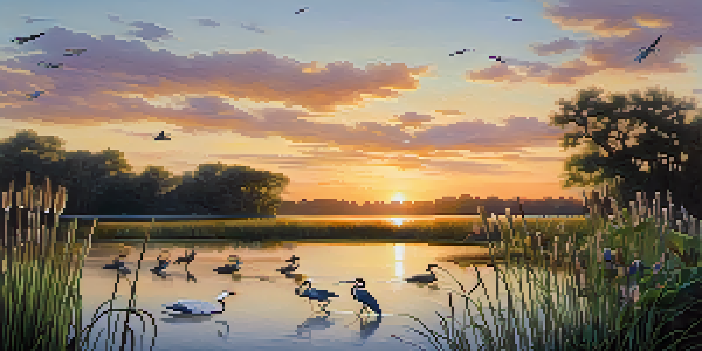A vibrant wetland with native birds and plants under a golden sunset.