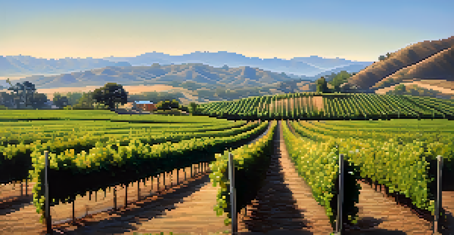 A peaceful view of California's vineyards with ripe grapes and rolling hills under a clear blue sky.
