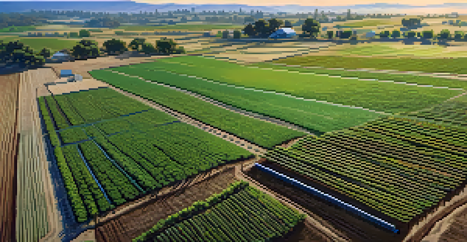 An aerial view of a California farm with modern drip irrigation systems, green fields, a farmhouse, and solar panels under a blue sky.