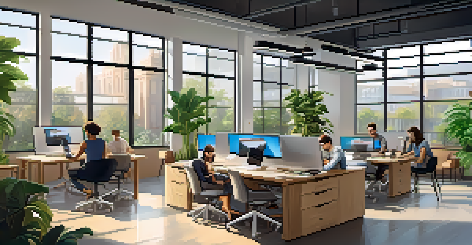 A modern coworking space in California bustling with young professionals collaborating and working on laptops.