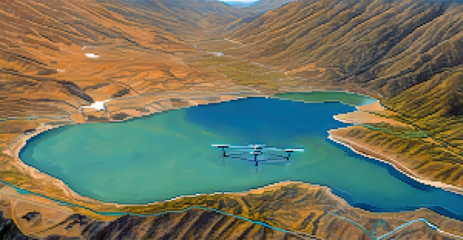 An aerial view of a California reservoir under drone surveillance, with rugged terrain and satellite imagery in the background.