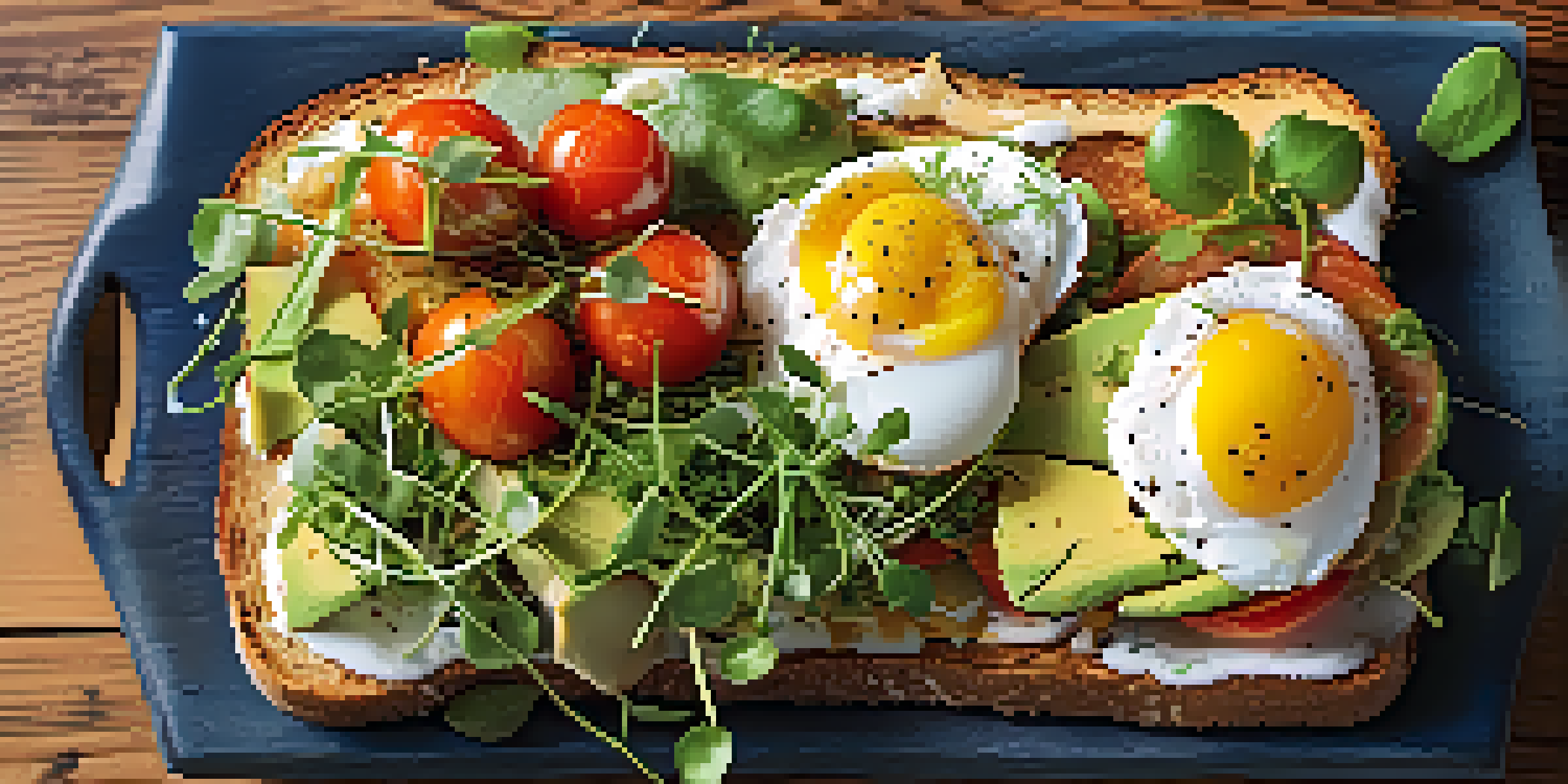 A rustic wooden table with a colorful avocado toast topped with poached eggs, heirloom tomatoes, and microgreens, illuminated by natural sunlight.