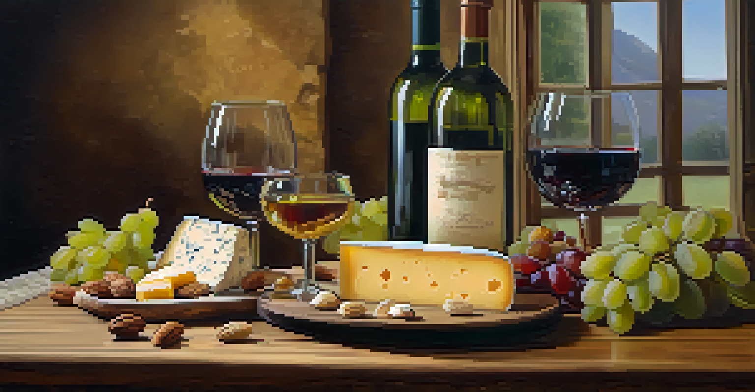 A beautifully arranged wine and cheese pairing on a wooden table, featuring a bottle of Chardonnay and a cheese platter.