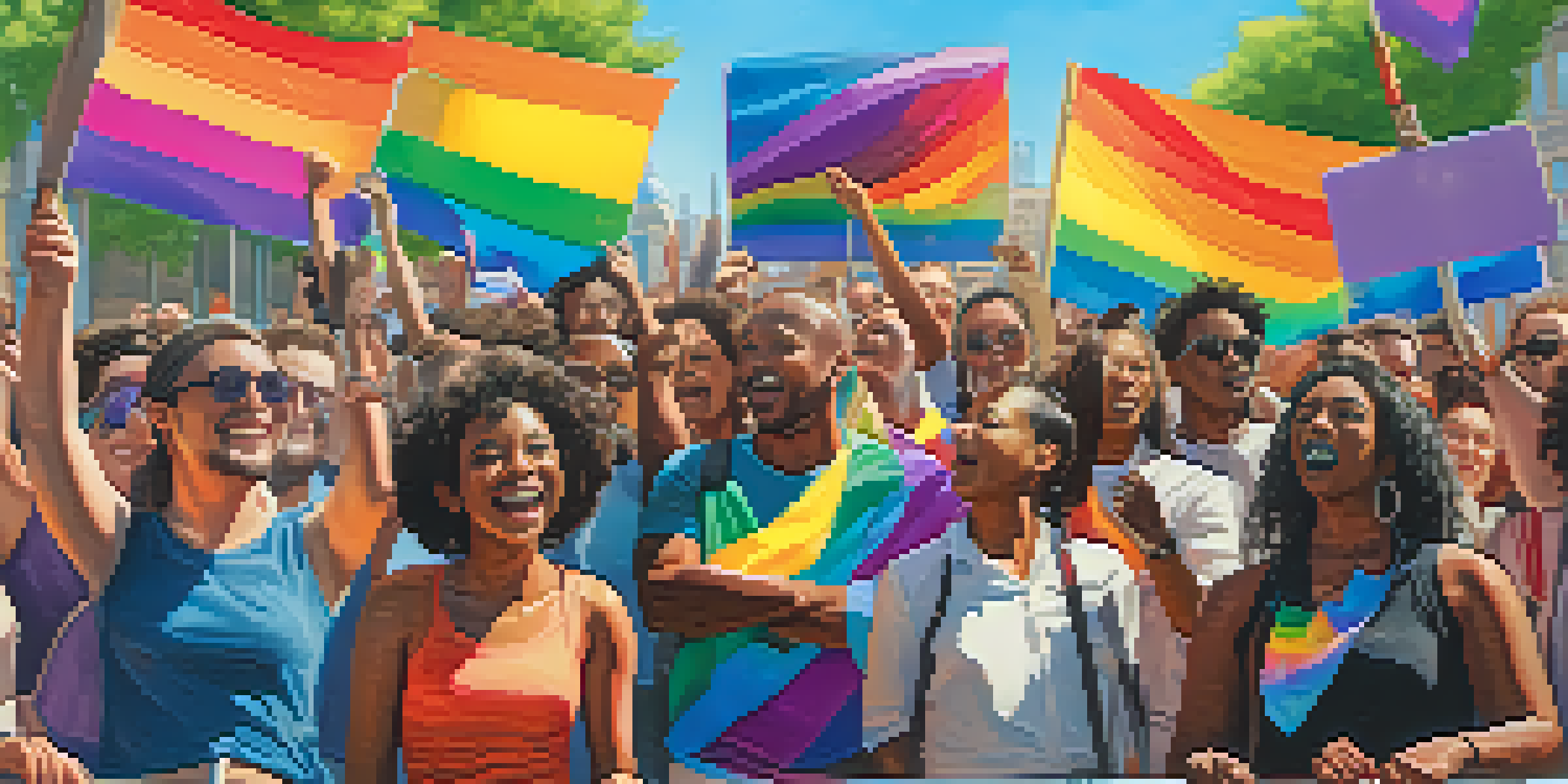 A diverse group of activists protesting for LGBTQ+ rights with colorful banners in a sunny city street.