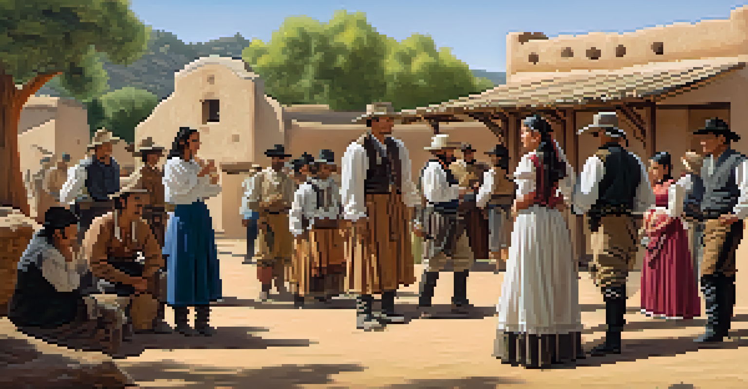 A diverse group of people interacting at Sutter's Fort, showcasing cultural exchange and vibrant trade.