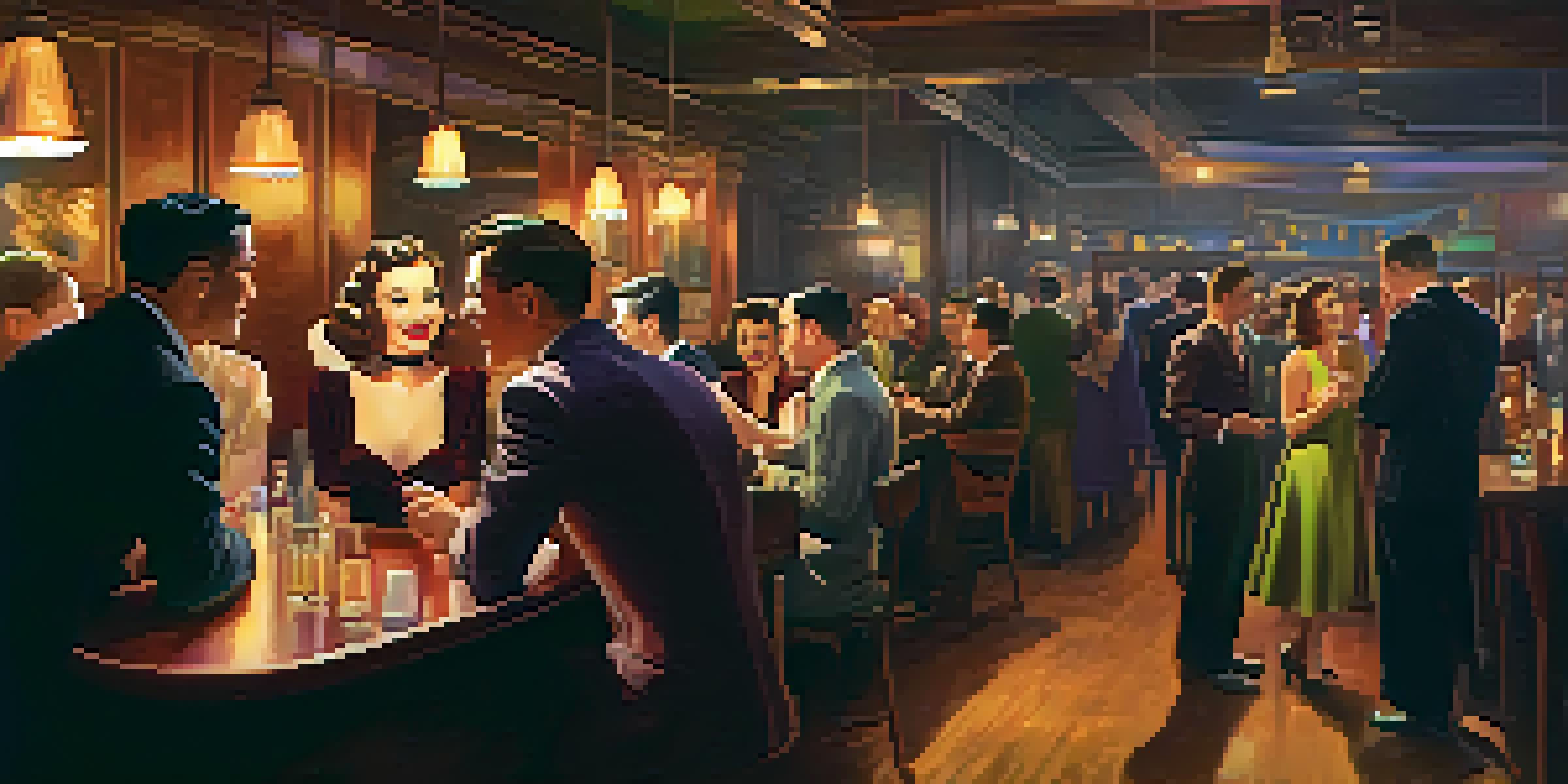 A lively 1940s speakeasy in San Francisco with LGBTQ+ individuals socializing and dancing, illuminated by warm lighting.