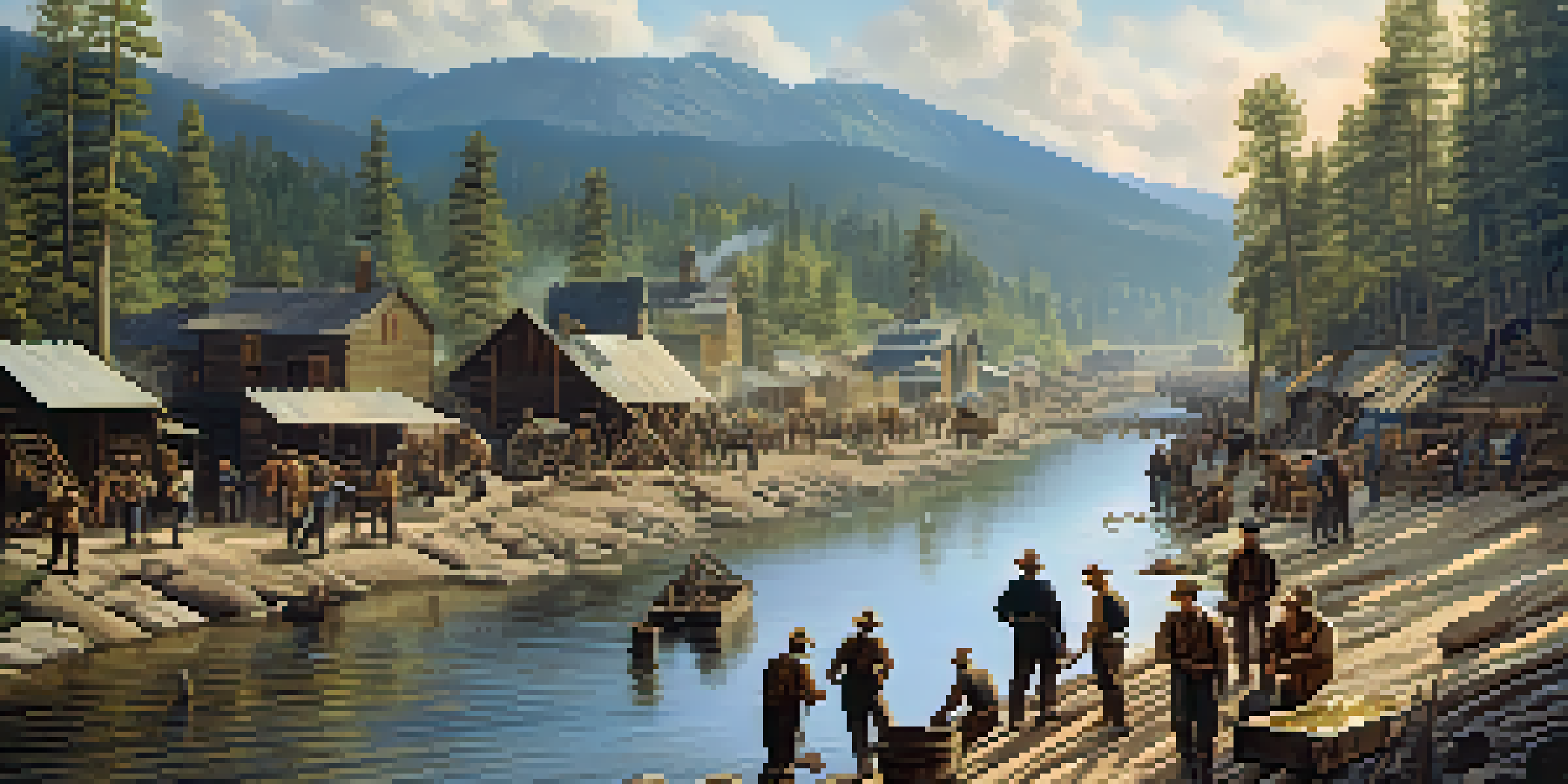 A historic scene depicting a gold mining town with miners panning for gold along a river, wooden structures and tents, surrounded by forest, under a clear blue sky.