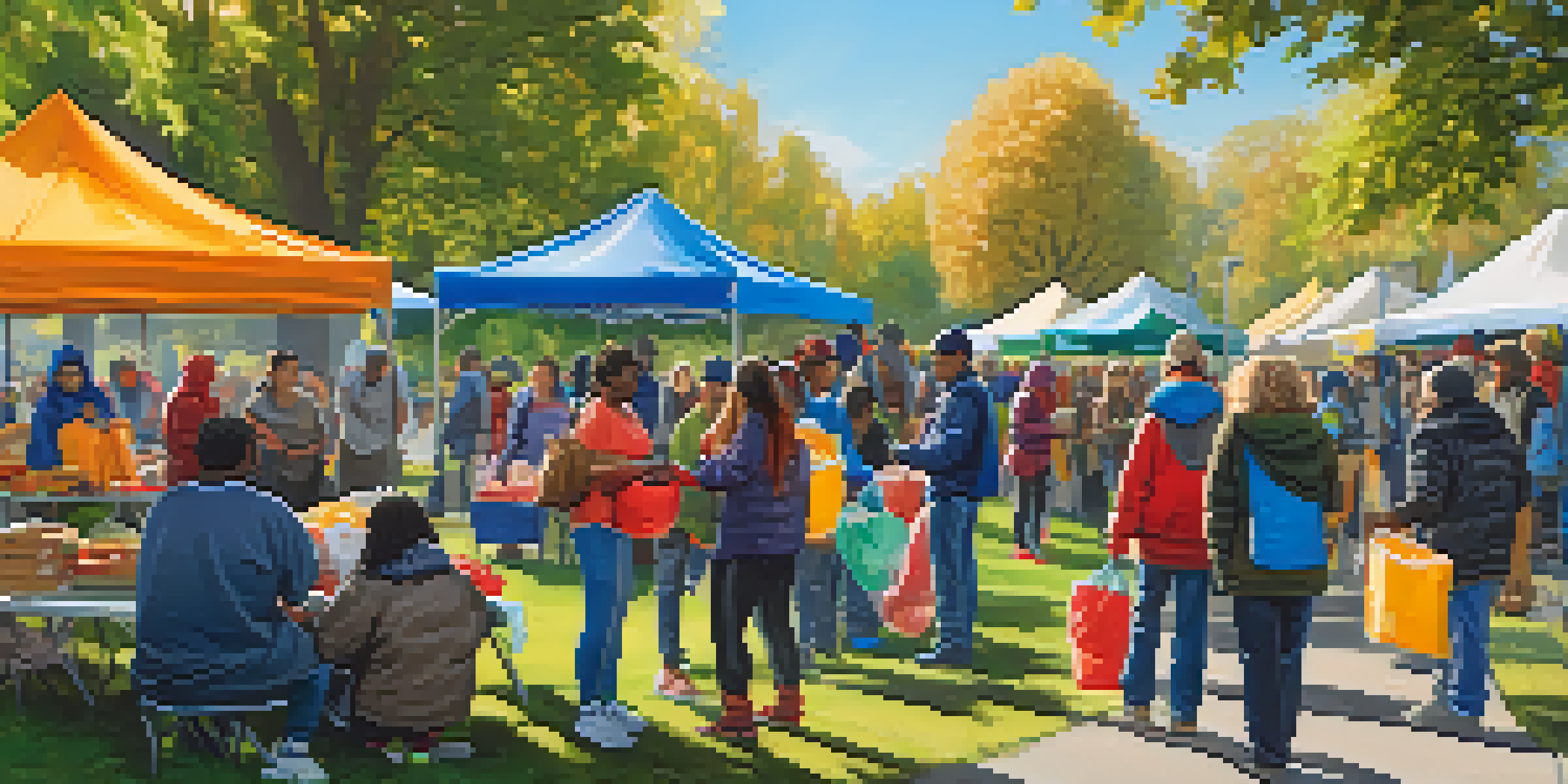 Volunteers providing food and clothing to people experiencing homelessness in a sunny park with colorful tents.