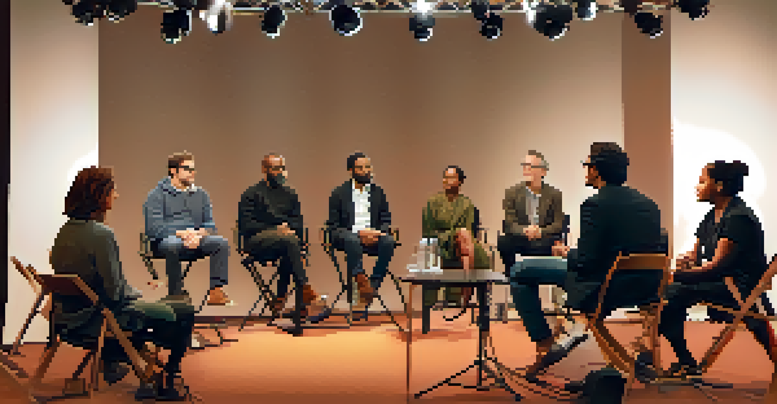 Filmmakers engaged in a panel discussion at the Tribeca Film Festival, with an attentive audience and warm lighting.