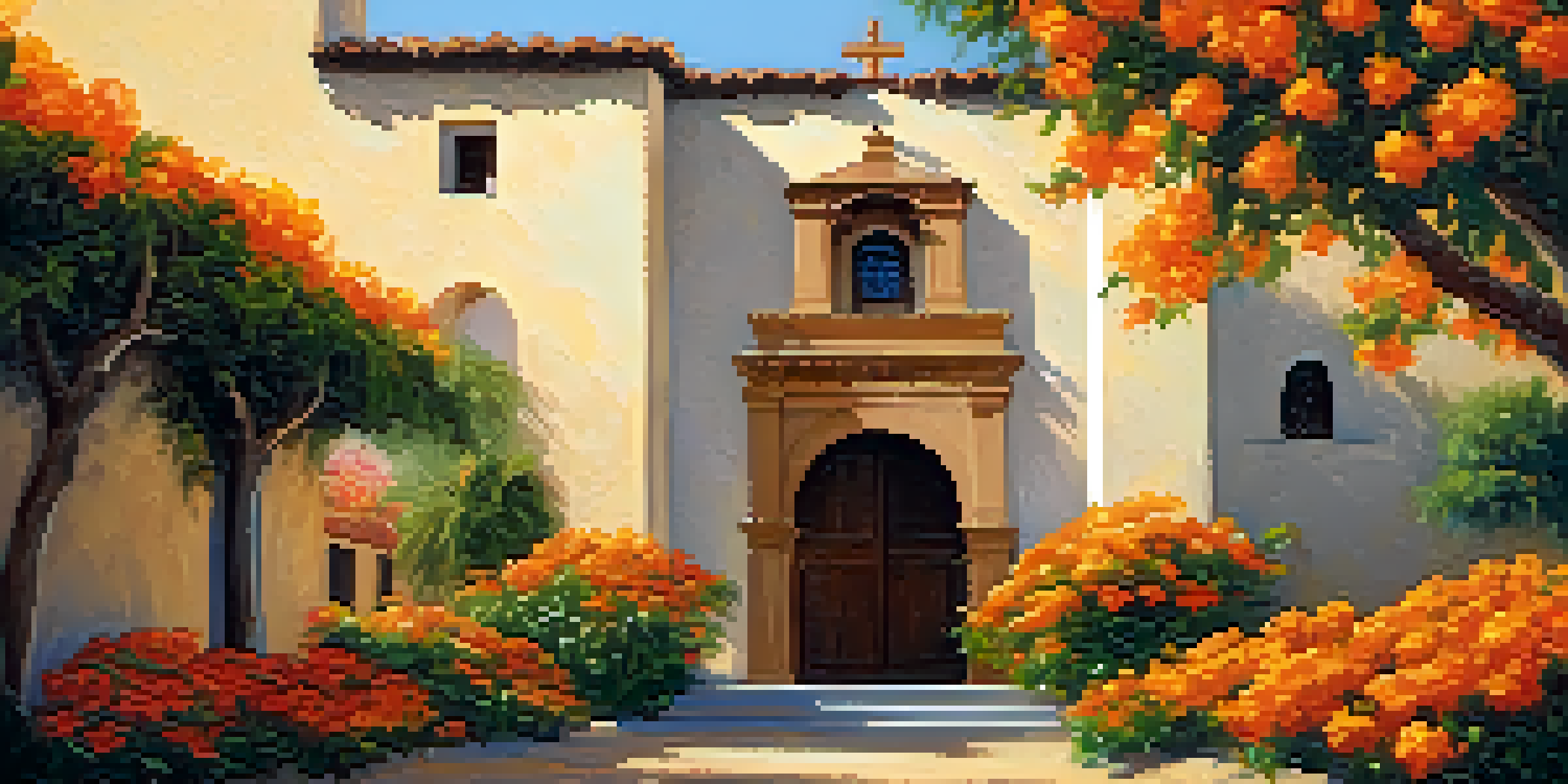 A historic California mission surrounded by colorful flowers at sunset, showcasing its architectural details.
