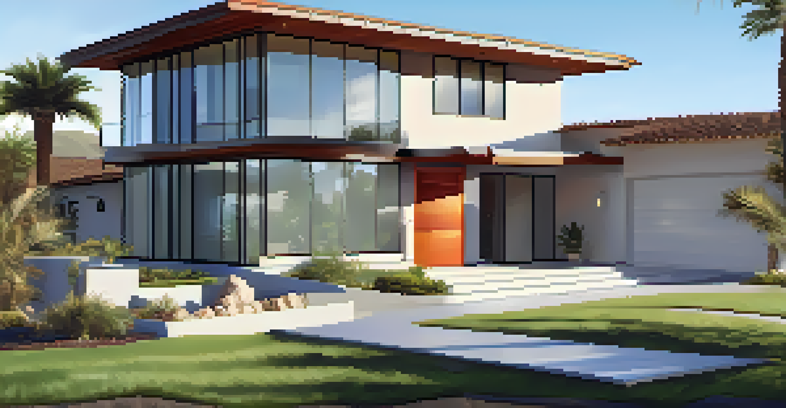 A modern California home with visible earthquake safety features and a vibrant landscape.