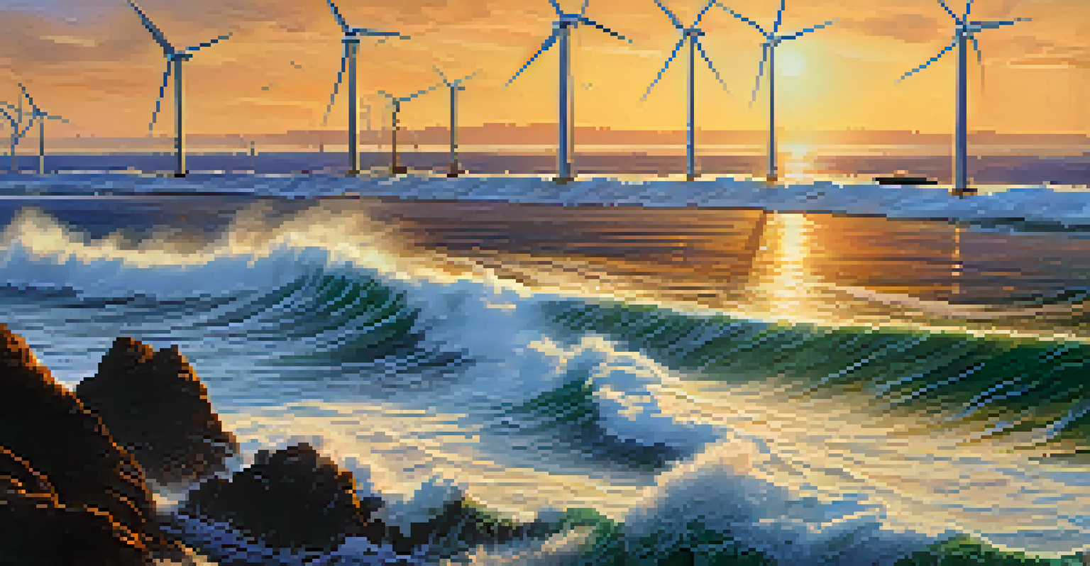 A futuristic view of offshore wind turbines along the California coastline during sunset, with seabirds flying and sailboats on the water.