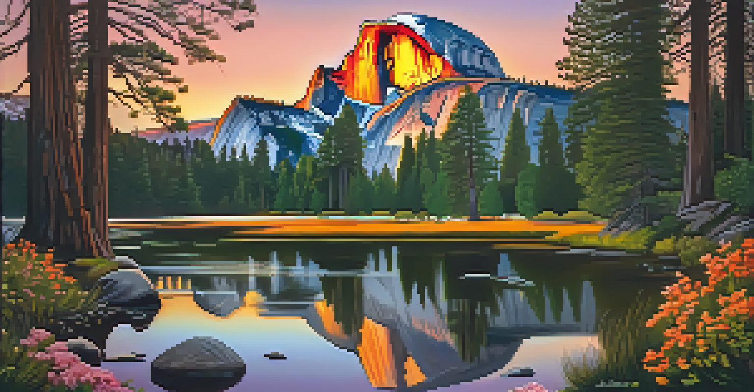 Half Dome in Yosemite National Park during sunset, with a lake reflecting the colorful sky and hikers in the foreground.