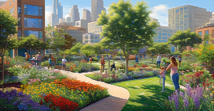 A vibrant urban park with native plants, a community garden, and butterflies, set against a backdrop of city buildings and a clear blue sky.