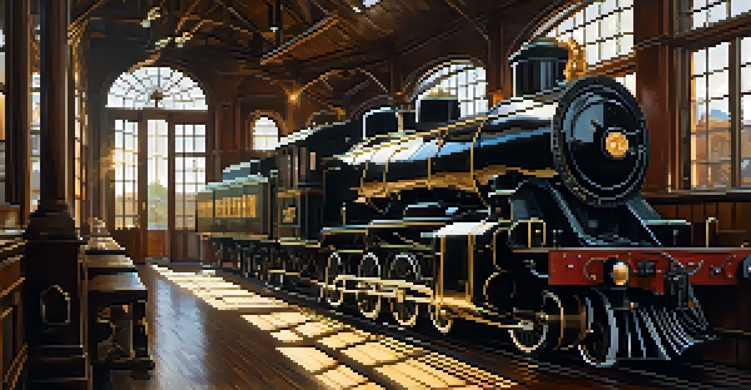An interior view of a vintage steam locomotive with brass knobs, wooden benches, and sunlight streaming through the windows.